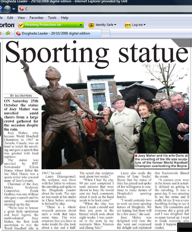 Article by Ian Watters in the Drogheda Leader covering the unveiling of the Joey Maher public sculpture commission